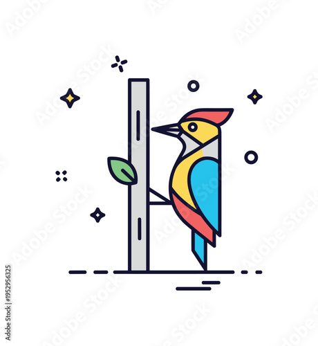 Minimal woodpecker icon illustration built around a simplified geometric bird shape attached to a vertical trunk line, expressing clarity and recognizability.