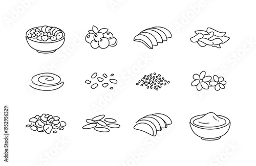 Acai Bowl Superfood Toppings. Minimalistic set one-line drawing acai bowl with layered fruit, blueberries cluster, sliced mango fan, coconut chips, peanut