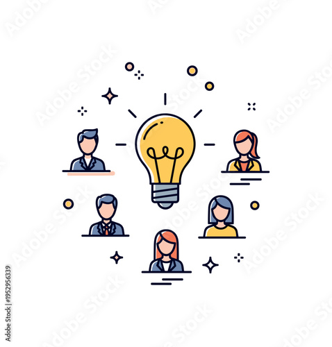 Innovation and creativity business seminar depicted by a central light bulb icon surrounded by small participant silhouettes, symbolizing idea generation and