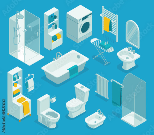 Isometric bathroom interior vector set, sanitary ware furniture collection, shower bathtub toilet sink appliances modern home illustration