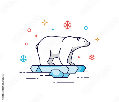 Arctic fauna resilience shown by a polar bear standing on a small ice floe with minimal snowflake accents, symbolizing adaptation and fragile