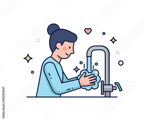 The importance of good hygiene cheerful character washing hands under running water with small sparkle accents, expressing cleanliness, health awareness and
