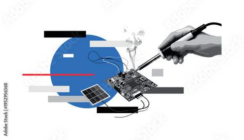 Black and white soldering iron touching circuit board connected to small solar cell, large blue circle centered behind as energy hub, thin red horizontal