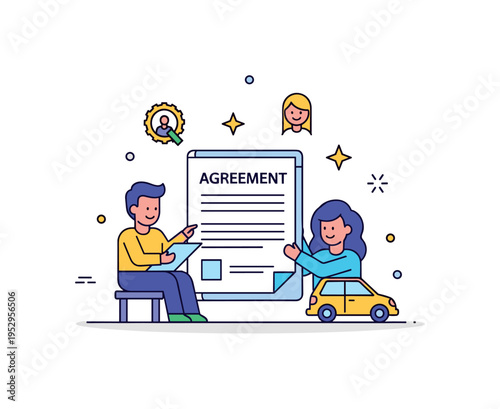 Negotiating car purchase parents reviewing a document labeled Agreement while a small car icon sits nearby, representing transparency and joint responsibility
