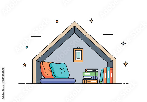 Attic reading hideaway centered on a sloped ceiling corner with a cushioned seat and stacked novels, expressing privacy and quiet retreat. The compact layout