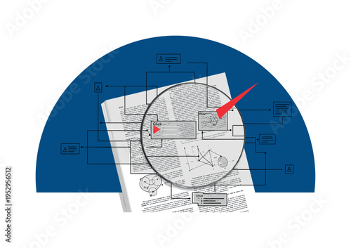 Black and white magnified textbook page with clickable highlighted sections, large deep blue semicircle backdrop emphasizing focus, sharp red triangle marking