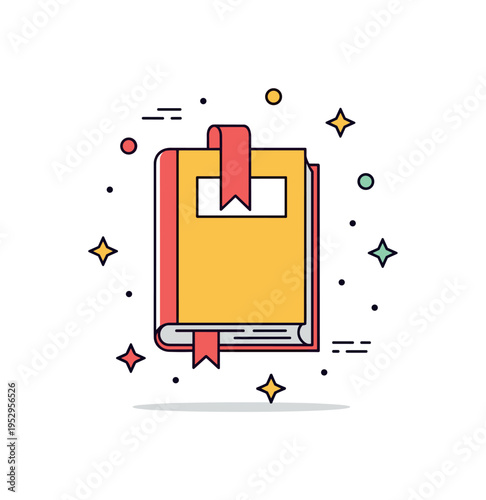 Bookmark with a ribbon hanging out of a closed book, surrounded by small decorative stars, symbolizing literary charm and keeping one?s place in a story.