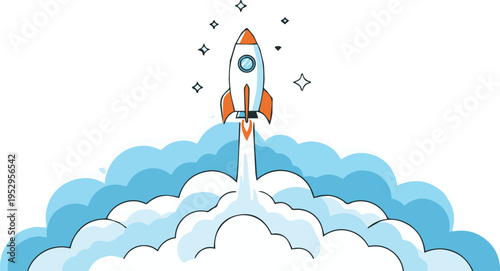 A rocket ship blasts off into the sky with clouds and sparkles.