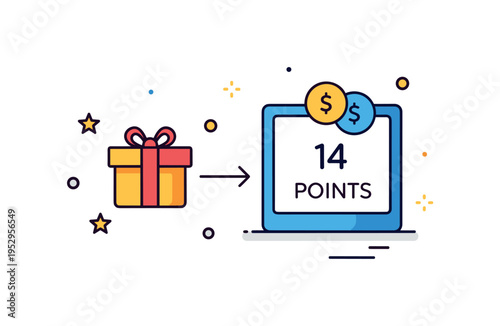 Reward redemption moment featuring a small gift box connected to a points counter representing exchange of earned credits for perks. Balanced geometry keeps