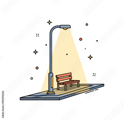 Evening city corner streetlight illuminating a small bench and pavement edge, conveying everyday life under gentle artificial light. A warm and balanced