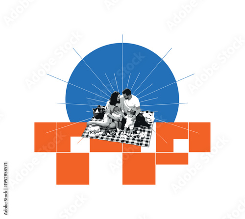 Black and white picnic blanket scene with family gathered closely, bold blue circular halo behind the group and orange geometric blocks structuring the lower
