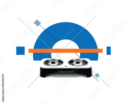 Black and white ergonomic pet feeding station with bowls aligned symmetrically, bold blue semicircle framing the top and orange horizontal equal bar crossing