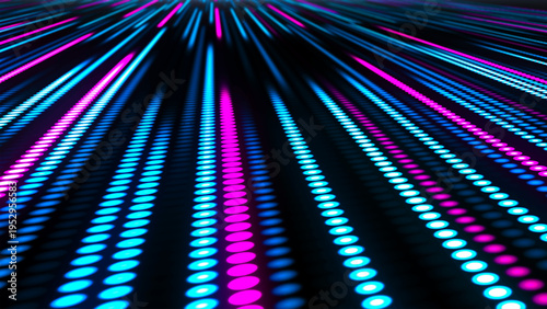 A rapid movement of glowing digital lines composed of blue and pink neon dots. A sense of speed and directional flow sweeps through virtual space. Vector
