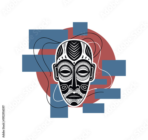 Black and white traditional mask centered in composition, intersected by bold geometric arcs and cylinders symbolizing rhythm and ritual, abstract blocks