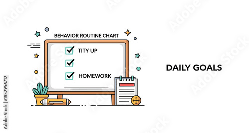 Behavior chart home routine tracker concept featuring a tidy board with check marks aligned next to daily tasks like tidy up and homework,
