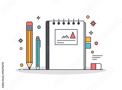 Drawing materials set sharpened pencil beside a sketchbook and subtle eraser accent, expressing the beginning of ideas and the process of visual storytelling.