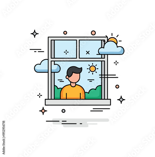 Window framing perspective shown as a person looking through a simple window frame at a stylized outdoor view, expressing viewpoint and contextual