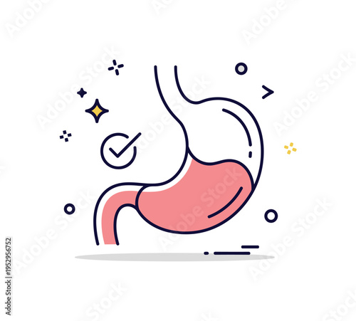 Digestive comfort and relief concept illustrated by a calm stomach outline with a small check mark and soft sparkle accents above it. The scene conveys
