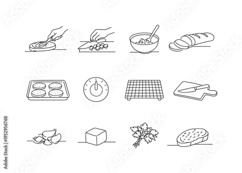 Garlic Bread Preparation. Minimalistic set one-line drawing hand spreading butter on bread, chopping garlic, mixing bowl with herbs, bread loaf cut open,