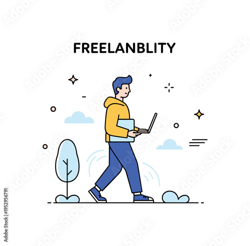 Freelancer taking a walking break outside with a laptop in hand and a casual stride, emphasizing flexibility, inspiration, and recharging creativity.