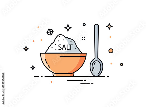 Salt crystals in a small bowl with a simple spoon beside it, expressing purity, flavor, and essential seasoning in everyday cooking. A clean visual metaphor of