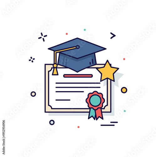 Academic achievement badge showing a graduation cap resting on a certificate with a bright star accent, reflecting dedication, knowledge, and earned