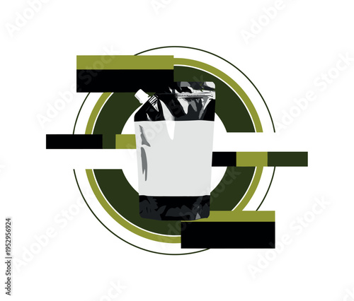 black and white refill pouch made of compostable material, oversized and centered, framed by overlapping olive and dark green geometric circles, abstract