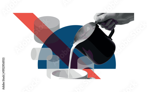 Black and white close-up of milk frothing pitcher pouring steamed milk in smooth arc, oversized deep blue semicircle backdrop intersected by warm red diagonal