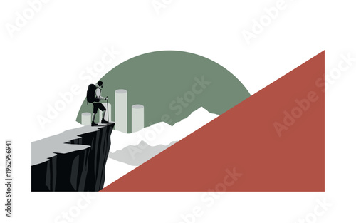 Black and white lone hiker standing on cliff edge overlooking wilderness, oversized muted green semicircle framing the upper horizon, sharp terracotta red
