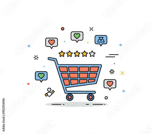 Consumer preference analysis concept centered on a stylized shopping cart surrounded by small heart and star rating icons, expressing choice, satisfaction, and