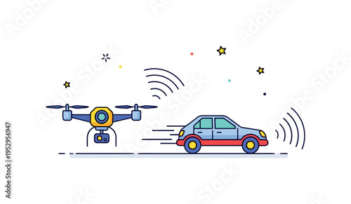 Tactical drone tracking scene featuring a small drone following a fast moving vehicle symbolizing modern surveillance and rapid coordination. Subtle signal
