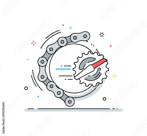 Bicycle chain cycling mechanics concept featuring a clean circular chain loop wrapped around a minimal sprocket silhouette with subtle motion accents. The