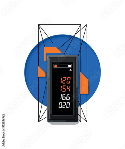 Black and white digital tire pressure gauge device centered vertically, oversized cobalt blue semicircle framing the screen, thin black structural lines