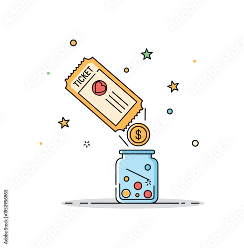 Charity fundraising event represented by a minimal ticket and a coin dropping into a small donation jar with soft celebratory confetti dots. A clear and