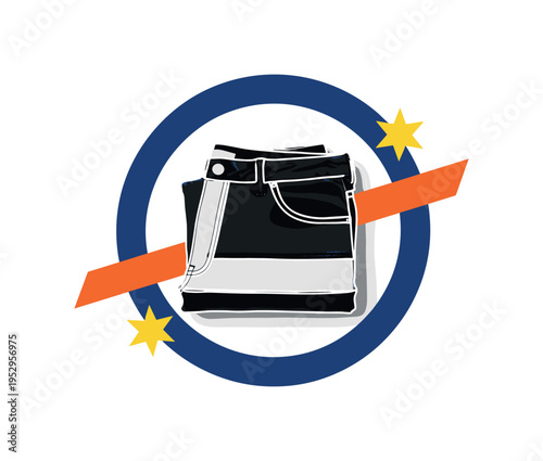Black and white jeans folded neatly on a flat surface, bold deep blue circular frame enclosing the folded form, sharp orange diagonal bar crossing mid-frame