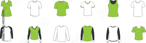 Collection of various illustrated t-shirts and a dress in green and white with different necklines and sleeve lengths