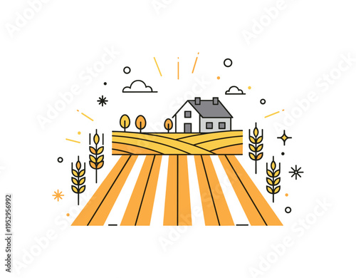 Harvest season farmland view represented by golden crop rows stretching toward a simple farmhouse silhouette, symbolizing abundance and seasonal rhythm. Small