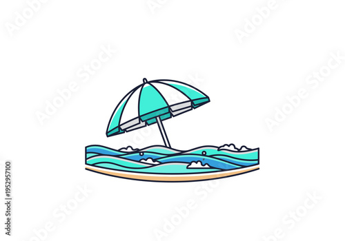 Beach umbrella on island with waves, summer vacation icon