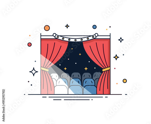 Backstage theater glow illustration centered on partially opened curtains with a strong light spilling outward, conveying mystery and the magic of live