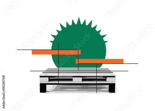 Black and white wooden pallets turned into a coffee table, large emerald green sun-like circle behind the table silhouette, orange rectangular accent cutting