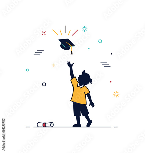 Schoolchildren graduation moment featuring a child silhouette tossing a small cap upward with subtle celebratory spark accents, expressing achievement and