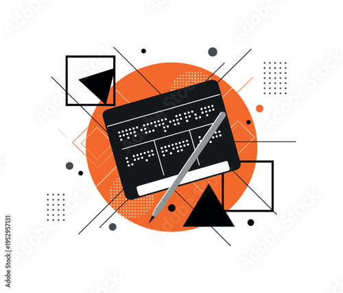 monochrome braille slate and stylus positioned diagonally, surrounded by bold orange circular backdrop and black geometric forms, thin intersecting lines and