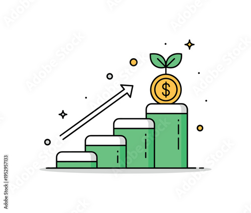 Green transformation roadmap with ascending steps leading toward a small plant growing from a coin icon expressing profitability aligned with sustainability.
