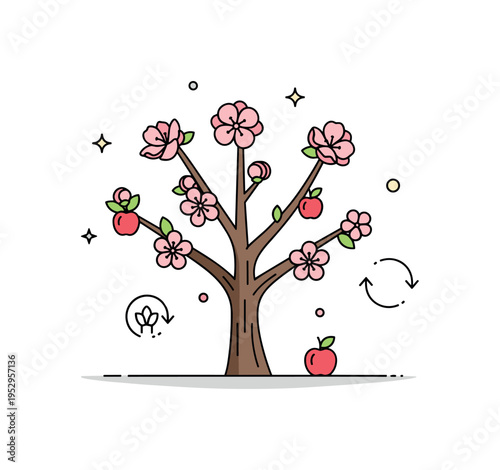 Blooming apple tree in spring with soft pink blossoms and small budding apples expressing renewal and natural cycles. Gentle decorative dots add lightness and
