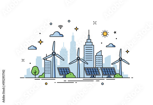 Urban future development theme featuring a clean skyline silhouette with wind turbines and solar panels integrated, symbolizing smart infrastructure and