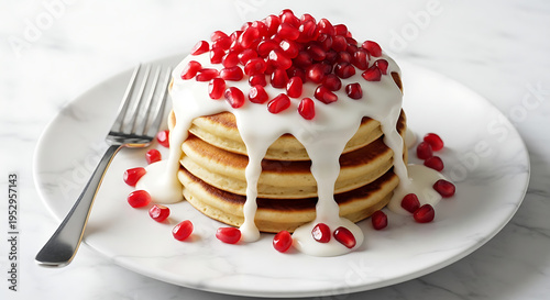 A stack of fluffy golden pancakes topped with creamy white yogurt and fresh red pomegranate seeds
