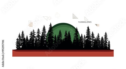 Black and white forest landscape with evenly spaced trees, oversized deep green sun circle rising behind treetops, earthy red rectangular block crossing lower