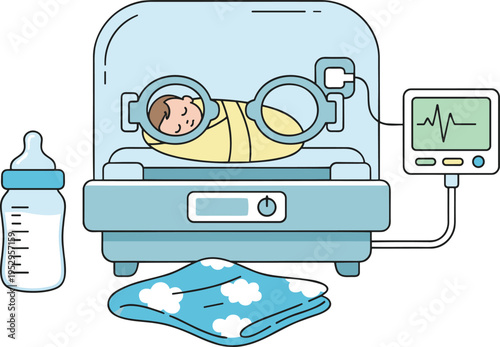 Flat vector illustration of neonatal care set featuring a baby incubator feeding bottle heart monitor and blanket.