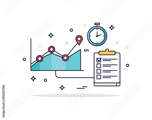 Productivity data visualization concept showing a compact line graph connected to a small clock and checklist icon, representing time based KPI tracking and