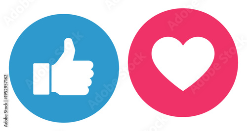 like and love icon button set, thumbs up and heart icons in circle button shapes, social media notification symbols, emoji post reactions collection, approval and favorite signs, clean vector